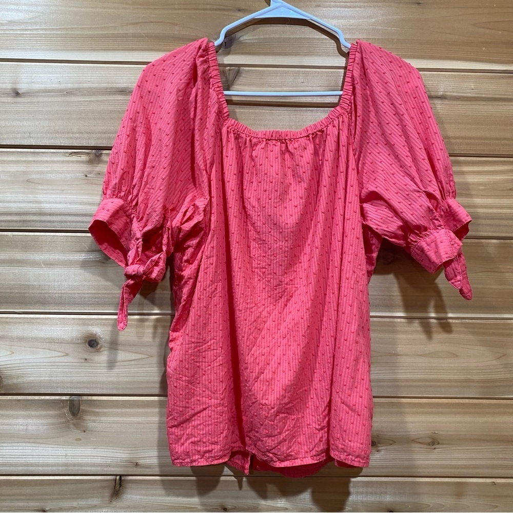 Women's Pink Puff Sleeve Swiss Dots Blouse Covered Buttons Knot Sleeve SZ Medium - Picture 8 of 10